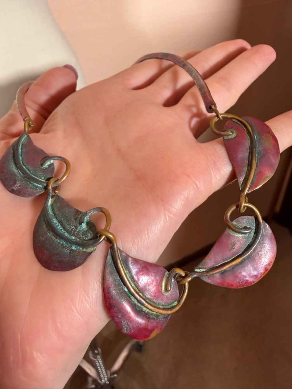 Vintage Fairycore copper Burgundy Teal Rustic Southwestern Leaf Collar Necklace